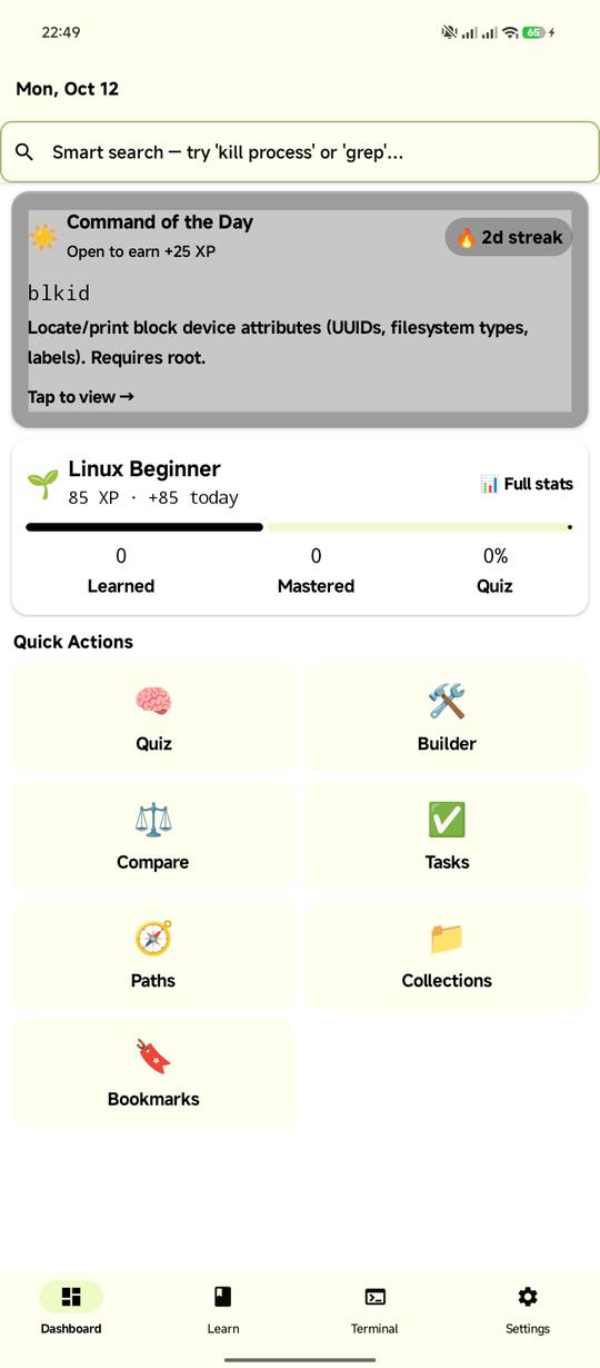 Linux Master dashboard with Command of the Day, XP progress and quick actions