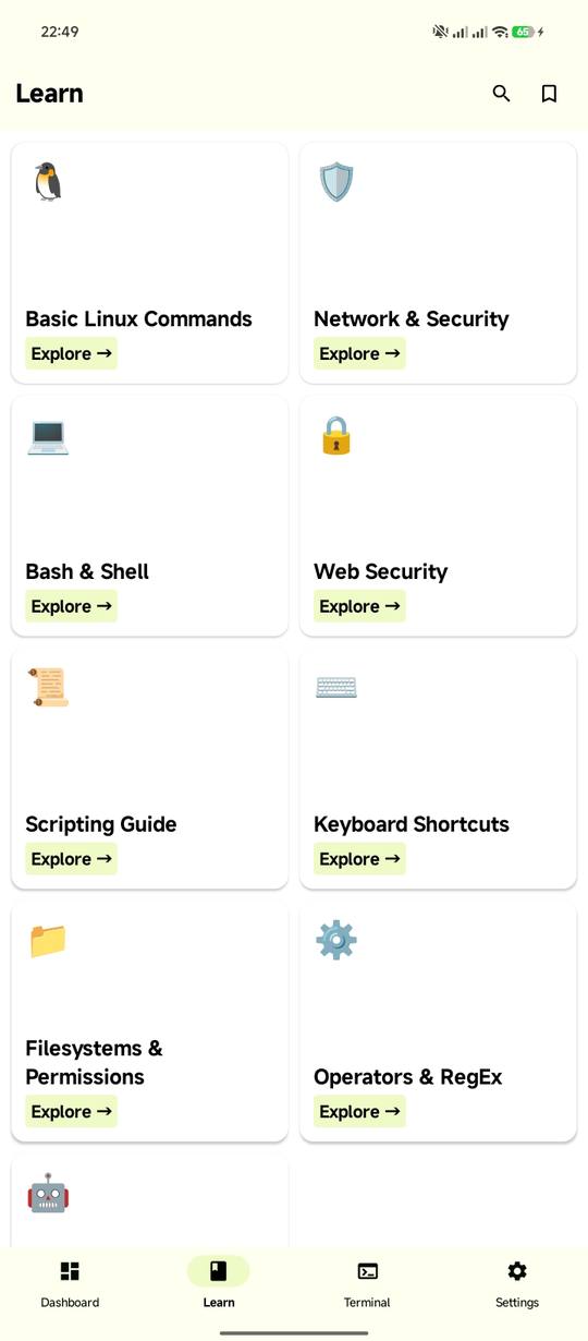 Linux Master Learn screen with command category cards