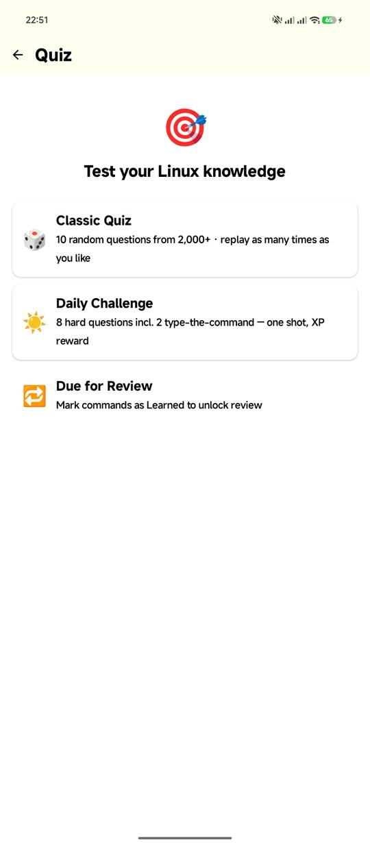 Linux Master quiz menu with Classic, Daily Challenge and Review modes