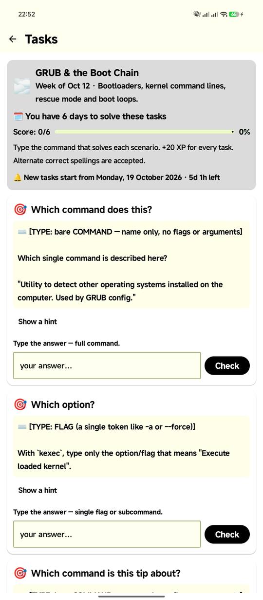 Linux Master hands-on tasks with typed-answer challenges and XP