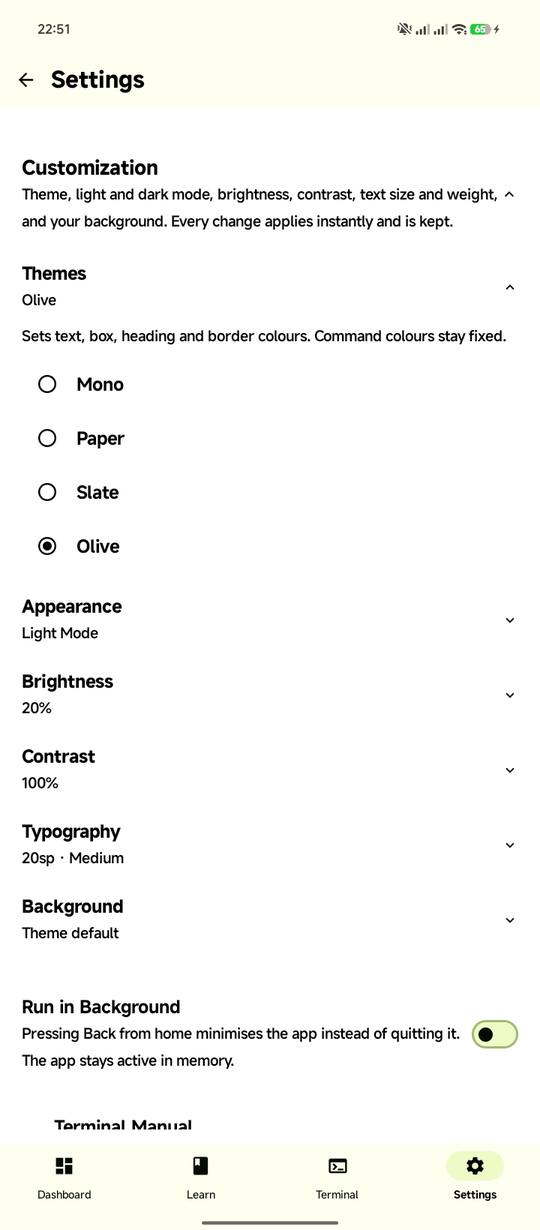 Linux Master settings with Mono, Paper, Slate and Olive themes